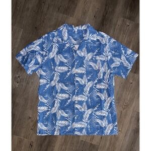 Andy Mens Blue White Tropical Palm Leaf Print Short Sleeve Button Down Shirt‎ L